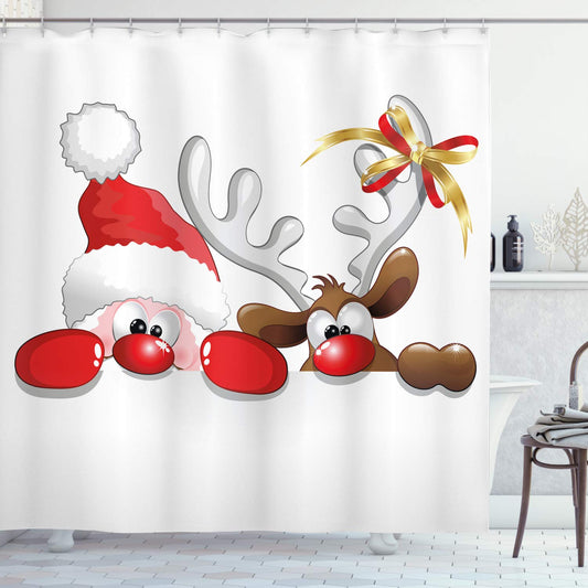 ABAKUHAUS Christmas Shower Curtain, Funny Christmas Santa Claus and Reindeer Peeking Cartoon Style Humor, Cloth Fabric Bathroom Decor Set with Hooks,
