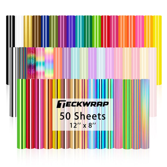TECKWRAP 50 Pack Permanent Vinyl Bundle 12" x 8" Adhesive VinylSheets Rainbow Vinyl for DIY Home Decor, Mug, Window, Ceramics, Holiday Party Decal