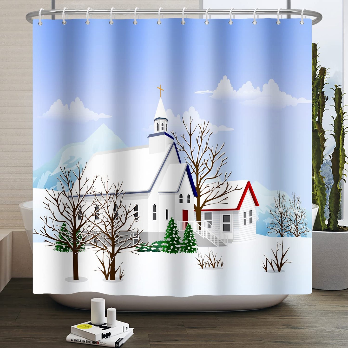 Kzzfqxb 183x183cm Shower Curtains with Plastic Hooks, Festival Christmas New Year Snowing Winter Country House Trees Waterproof Polyester Fabric for
