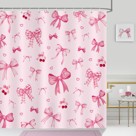 Bonhause Pink Bow Knot Shower Curtain, Cute Cherry Coquette Modern Bathroom Curtain 180 x 180 cm Waterproof Mildew and Mould Resistant Polyester
