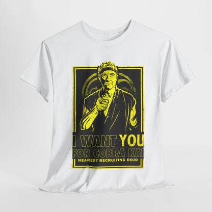 Sleek unisex graphic t-shirt featuring a striking design with a martial arts theme, showcasing an illustration of a wise figure, pointing assertively with the phrase 'I Want You for Cobra Kai' below. The shirt is crafted from premium fabric, combining comfort with a touch of humour for martial arts enthusiasts.