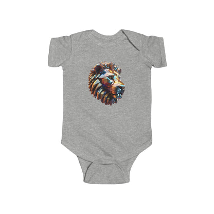 Elegant Cute Lion Bodysuit in grey, showcasing a vibrant geometric lion's head illustration for fashionable infants.