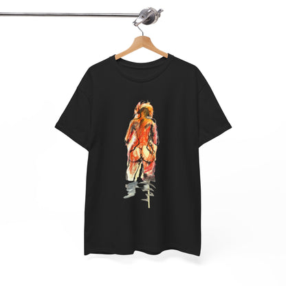 Sophisticated black graphic t-shirt elegantly hung, featuring a captivating artistic depiction of a silhouette in rich warm colours, ideal for adding a touch of allure to any wardrobe.