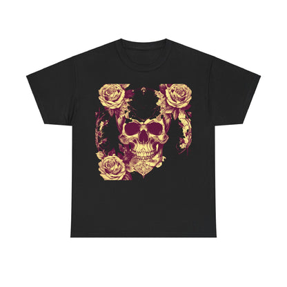 Skulls and Roses Cotton Tee in black, highlighting a luxurious graphic design of skulls and roses, designed for those who appreciate unique and striking fashion statements.