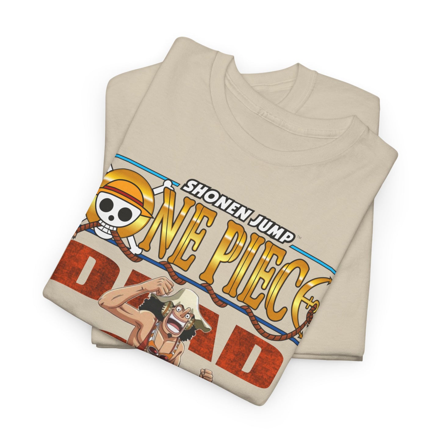 Folded beige t-shirts with dynamic pirate graphic prints, perfect for stylish layering and effortless chic.