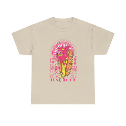 Luxurious men's t-shirt featuring a vibrant retro cartoon design of a joyous pink pig atop a hot dog, set against a vintage food print backdrop, ideal for culinary enthusiasts.