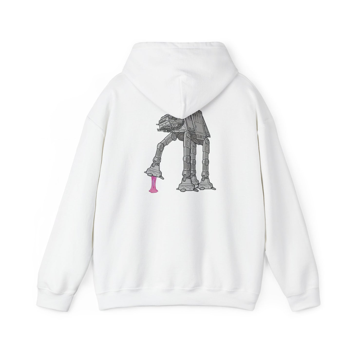 Luxury white hoodie showcasing a dynamic back print illustration of the AT-AT from Star Wars with a whimsical pink gum detail, perfect for unique style enthusiasts.