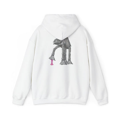Luxury white hoodie showcasing a dynamic back print illustration of the AT-AT from Star Wars with a whimsical pink gum detail, perfect for unique style enthusiasts.