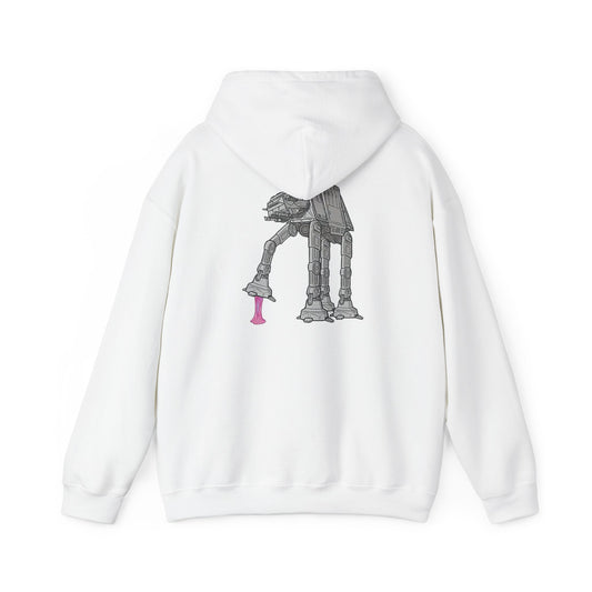 Luxury white hoodie showcasing a dynamic back print illustration of the AT-AT from Star Wars with a whimsical pink gum detail, perfect for unique style enthusiasts.