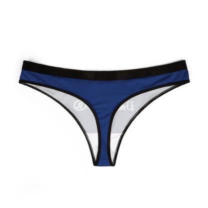 Back view of the chic International Star Thong in striking blue, highlighting its sophisticated elastic band and unique design for a stylish lingerie collection.