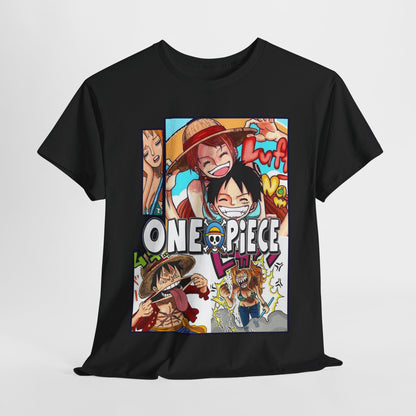 Sophisticated men's T-shirt featuring a vibrant One Piece manga collage design, showcasing iconic characters in dynamic poses, perfect for anime enthusiasts and fashion-forward individuals. Crafted from premium materials for ultimate comfort.