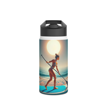 Fantasy Paddleboarding Stainless Steel Water Bottle showcasing a vibrant paddleboarding graphic with a serene sunset over the ocean, designed for adventure lovers.
