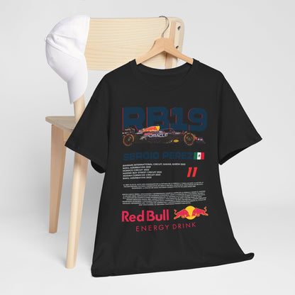 Men's Red Bull RB19 F1 t-shirt elegantly displayed on a chair with a matching cap, featuring a dynamic design that pays tribute to Sergio Perez, ideal for motorsport fans.