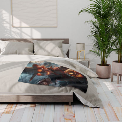 Sophisticated Decorative and Warm Halloween Spooky Arctic Fleece Blanket artfully placed on a neatly styled bed, perfect for creating an inviting autumn atmosphere.