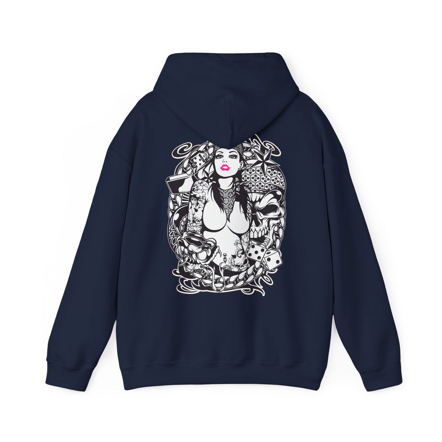 Navy hoodie with a remarkable tattoo-inspired design, showcasing a fierce female figure entwined in artistic floral and skull elements, embodying sophistication and unique style.