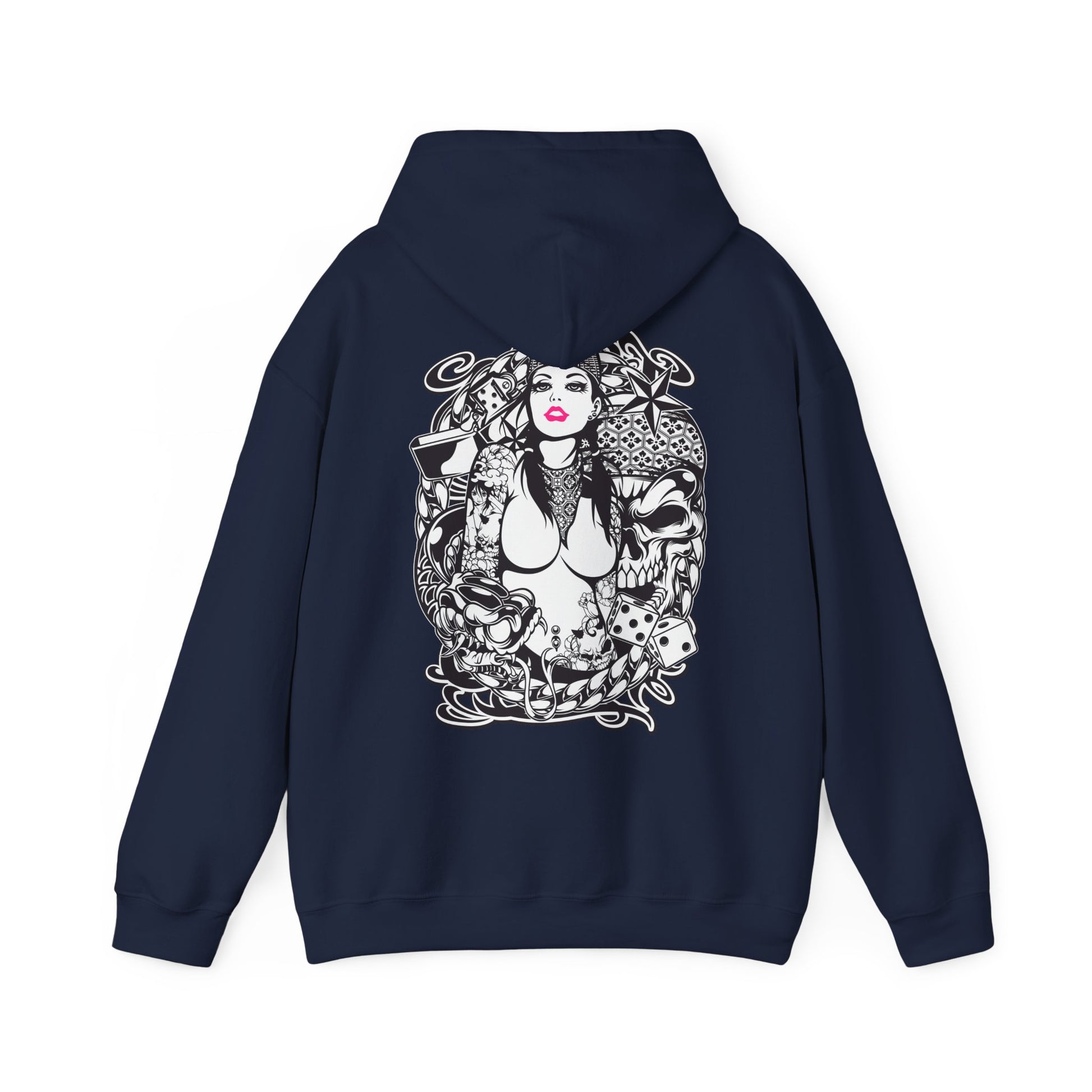 Navy hoodie with a remarkable tattoo-inspired design, showcasing a fierce female figure entwined in artistic floral and skull elements, embodying sophistication and unique style.