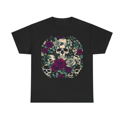 Front view of the Skulls and Roses Cotton Tee, showcasing an intricate steampunk design of skulls and roses in a luxurious black fabric.