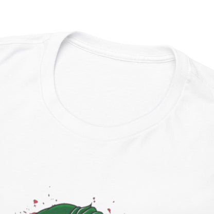 Close-up of a luxurious white T-shirt neckline, embellished with a unique Minion Joker motif, demonstrating quality craftsmanship and exceptional design details.