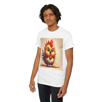 Explosive Joy Tee - Cartoon Bird Edition, model wearing a white unisex cotton tee adorned with a vibrant cartoon bird illustration, perfect for casual outings.