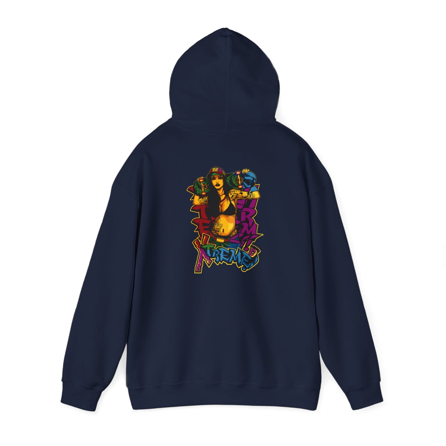 Detailed back view of a navy hoodie highlighting an artistic skateboarder design, embodying the spirit of street culture.