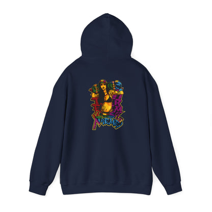 Detailed back view of a navy hoodie highlighting an artistic skateboarder design, embodying the spirit of street culture.