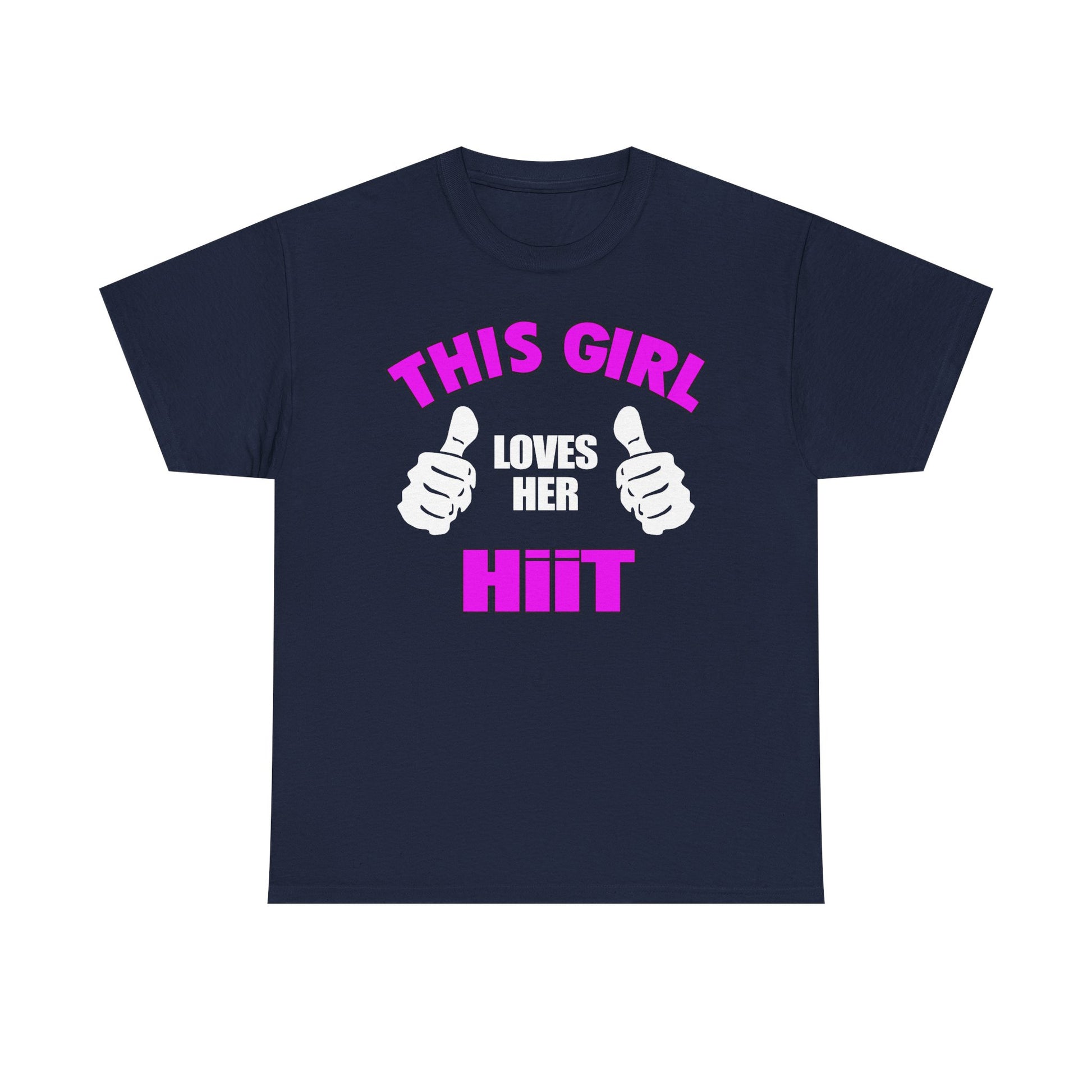 Chic navy women's t-shirt adorned with the inspiring text 'THIS GIRL LOVES HER HIIT', accentuated by stark white thumbs-up icons and vibrant pink accents, making a luxurious addition to any fitness wardrobe.