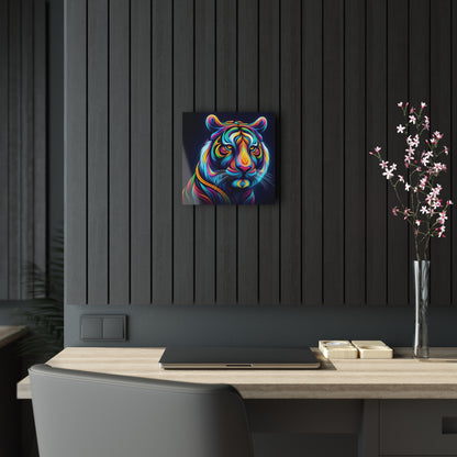 Stylized Tiger's Head Close-Up Acrylic Print displayed on a modern wall, showcasing vibrant colours and intricate design, perfect for luxury home decor.