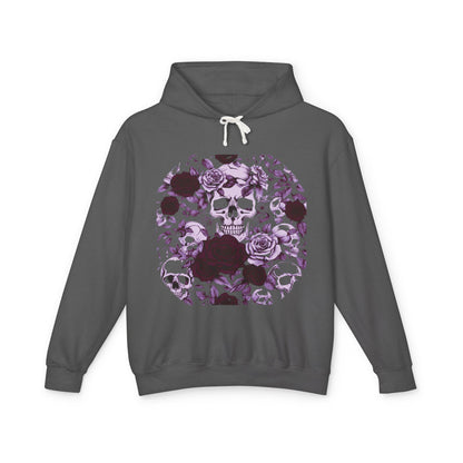 Elegant Unisex Lightweight Hooded Sweatshirt adorned with a bold skull and roses illustration, featured in a minimalist design, capturing the essence of modern fashion.