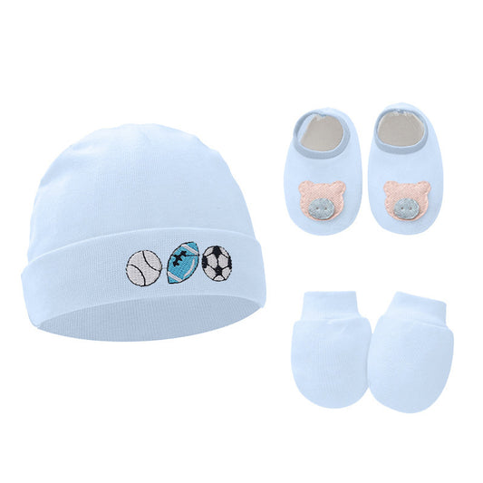 Luxurious Baby Cotton Gloves and Foot Covers Set showcased in a serene light blue design, including a soft beanie hat with sports embroidery and adorable matching foot covers for your baby's comfort.