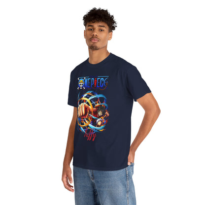 Elevate your style with a luxurious navy men's t-shirt featuring a dynamic graphic of a powerful character, embodying the spirit of adventure and excitement.
