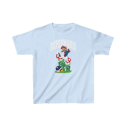 Unisex Kids Game Character Cotton T-Shirt Tee in Light Blue showcasing vibrant Super Mario graphic, ideal for playful youth fashion.