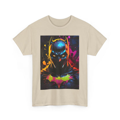 Front view of the Vibrant Batman Graphitti Graphic Unisex Tee Shirt featuring a stunning illustration of Batman with vibrant colours for a modern look.
