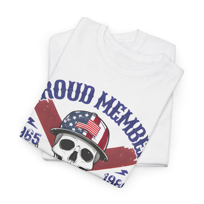 Premium white t-shirts stacked together, displaying the graphic 'Proud Member' with a captivating skeleton wearing an American flag hat, a tribute to the 'F..k Your Feelings Generation'.