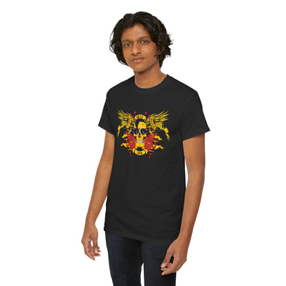 Luxury black t-shirt featuring a bold yellow skull graphic with wings, flowers, and stars, perfect for a striking fashion statement.