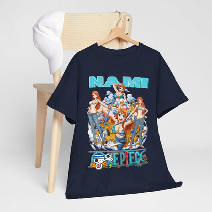 Luxurious Nami anime t-shirt featuring vibrant artwork and dynamic poses, perfect for fashion-forward anime enthusiasts.