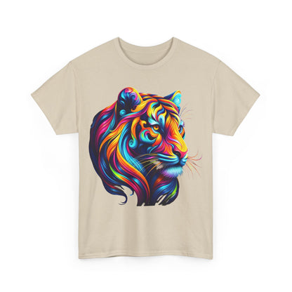 Front view of the Tiger's Whimsy Graphic Unisex T-Shirt displaying an intricately designed tiger head in vibrant colours.