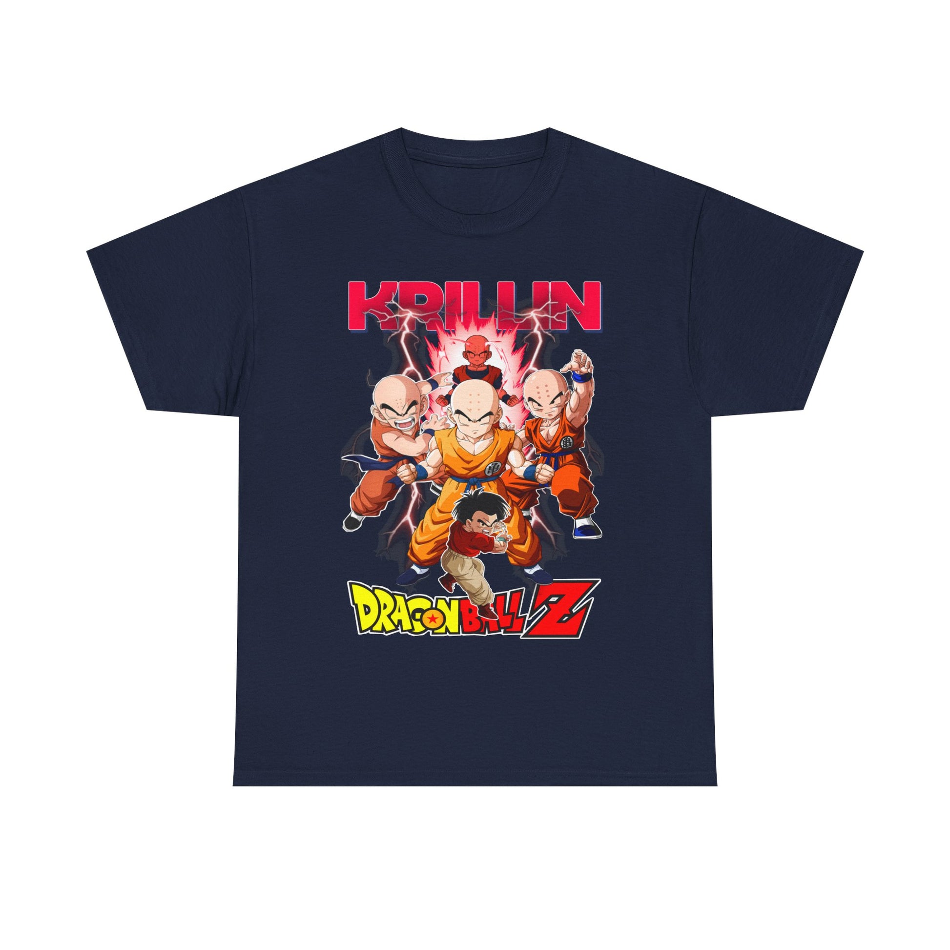 Luxurious Dragon Ball Z T-shirt featuring vibrant Krillin graphic, showcasing iconic characters in dynamic action with energy bursts, set against a stylish navy background.