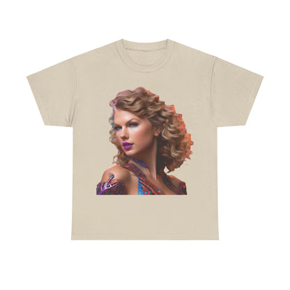 Swifties psychedelic Taylor Swift Heavy Cotton Tee in beige colour showcasing an elegant image of Taylor Swift, an essential piece for aficionados.