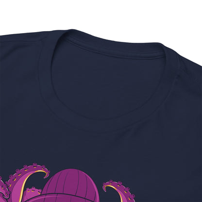 Close-up view of a navy t-shirt collar highlighting luxurious fabric quality, adorned with a playful skeleton motif and striking octopus design, perfect for artistic enthusiasts.