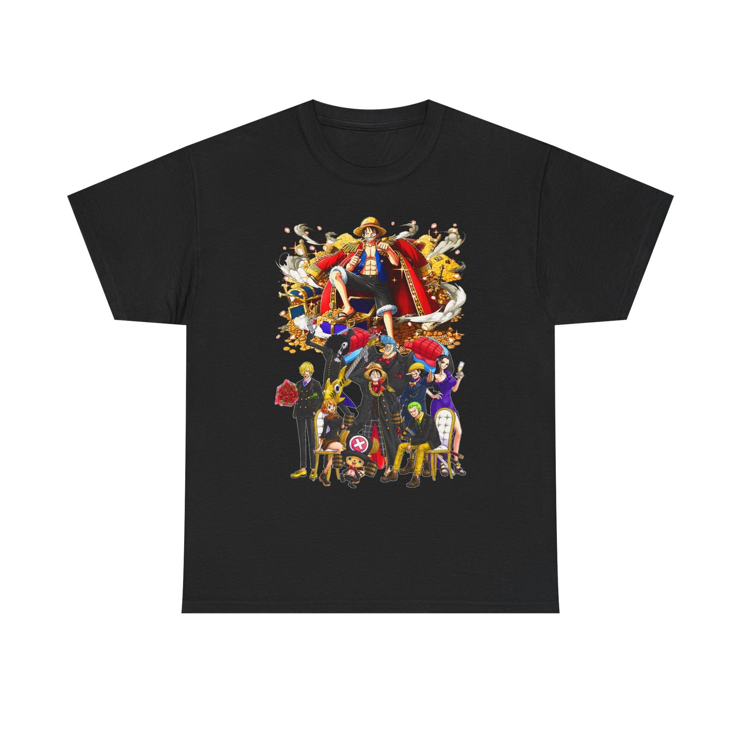 Refined black t-shirt beautifully crafted with a vibrant anime adventure crew design, perfect for creating a stylish statement in any casual or upscale setting.