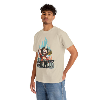 Stylish male model wearing a premium graphic t-shirt, featuring lively character design and bold logo, exemplifying contemporary fashion for fans and trendsetters.