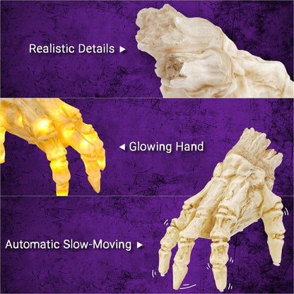 Halloween Electric Luminous Crawling Hand Animated Decoration highlighting its glowing and automatic slow-moving aspects, perfect for creating a spooky ambiance.