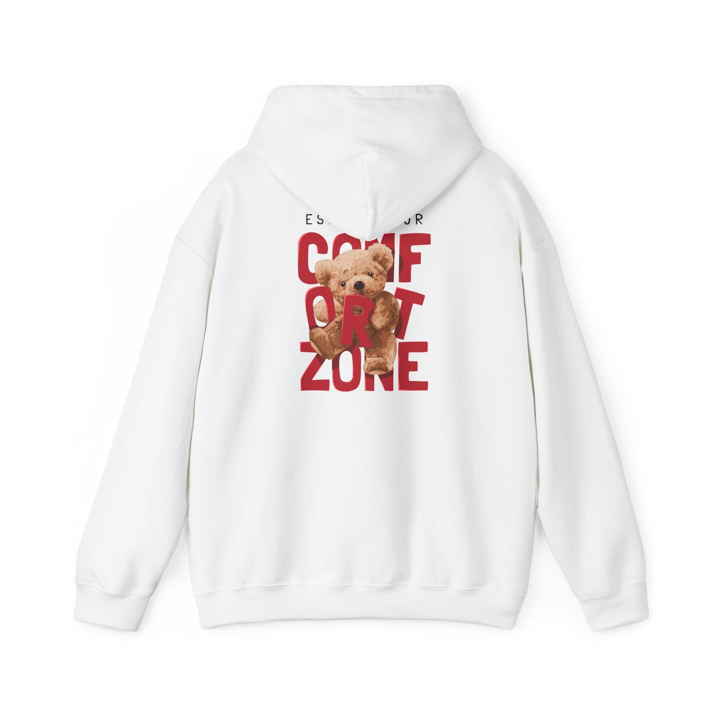 Elegant bold back print hoodie featuring the motivational phrase 'ESCAPE YOUR COMFORT ZONE' alongside an adorable teddy bear graphic. A luxurious statement piece in pristine white, perfect for casual outings or chic layering.
