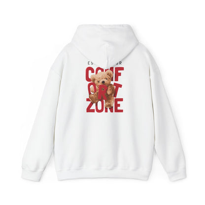 Elegant bold back print hoodie featuring the motivational phrase 'ESCAPE YOUR COMFORT ZONE' alongside an adorable teddy bear graphic. A luxurious statement piece in pristine white, perfect for casual outings or chic layering.