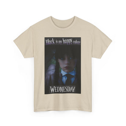 Chic front view of the Wednesday Addams Unisex Graphic Tee in beige, adorned with captivating imagery of Wednesday, embodying luxury gothic fashion.