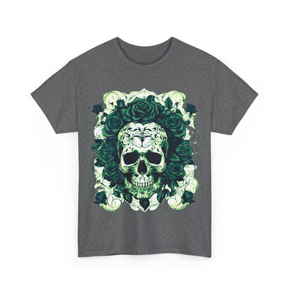Skulls and Roses Cotton Tee, Unisex Graphic Shirt featuring an intricate skull and rose design on a grey background, ideal for a stylish wardrobe.