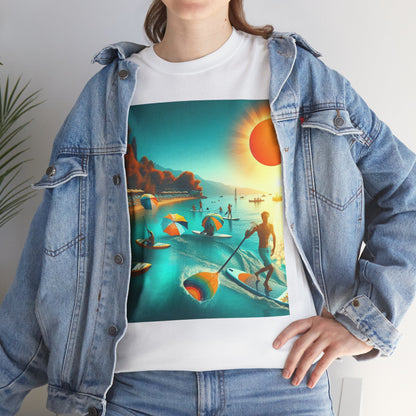Model wearing Dazzling Dreams Studio’s Luxury Paddleboarding T-Shirt, illustrating its stylish fit for outdoor adventures.