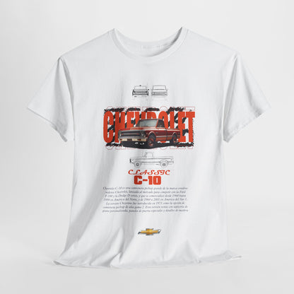 Elegant t-shirt design displaying a detailed print of the Chevrolet C-10 alongside informative text, ideal for car enthusiasts and collectors.