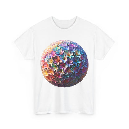 Iridescent Floral Sphere Unisex Cotton Tee Graphic T Shirt featuring a vibrant, multicoloured floral sphere design on a white background for a luxurious style.
