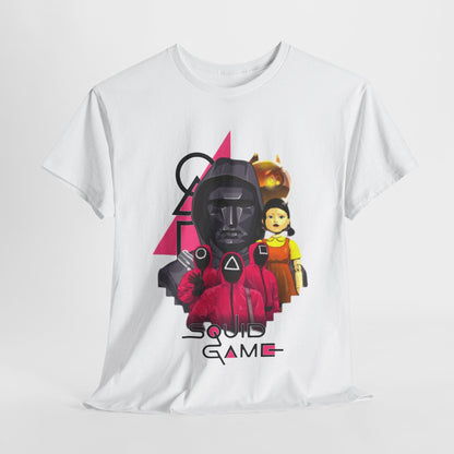 Luxury white graphic t-shirt featuring a striking design inspired by the hit series, Squid Game, showcasing the iconic player and doll characters. Crafted from high-quality cotton, this stylish unisex tee combines urban flair with fashion-forward aesthetics.
